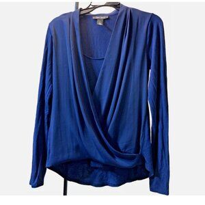 White House Black Market WHBM Navy Drape Crossover Front Blouse Size Small